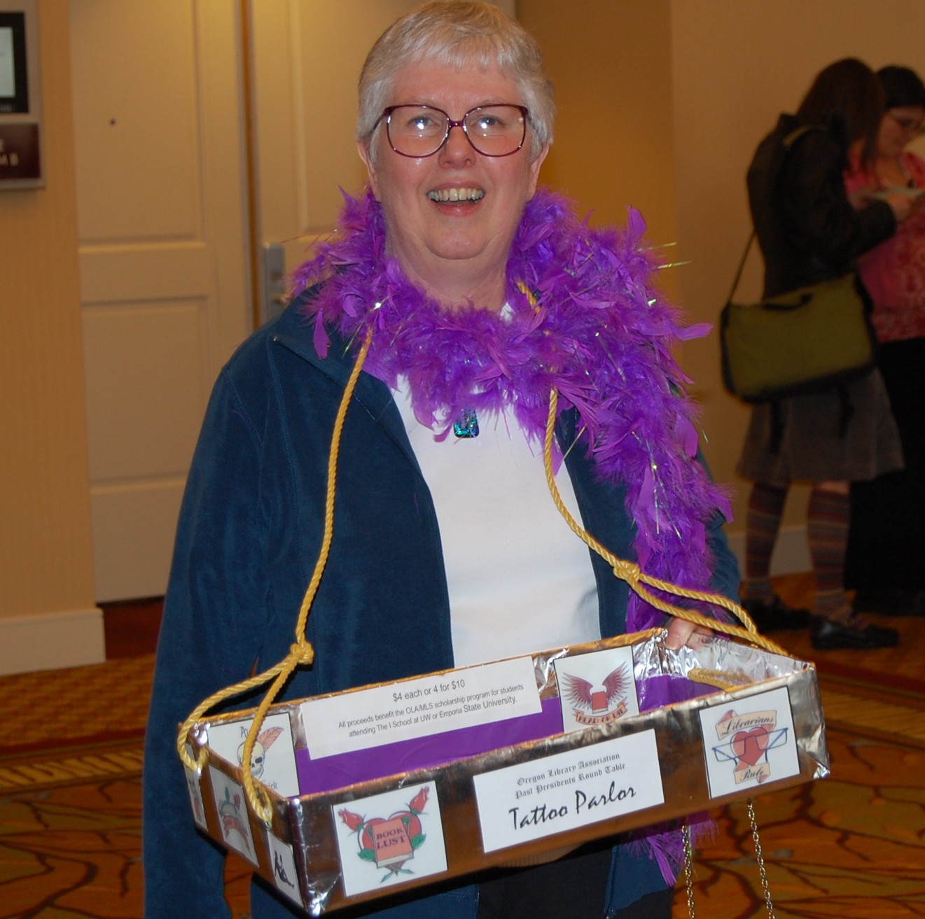 OLA Past President Carol Hildebrand hawking temporary tattoos in 2008